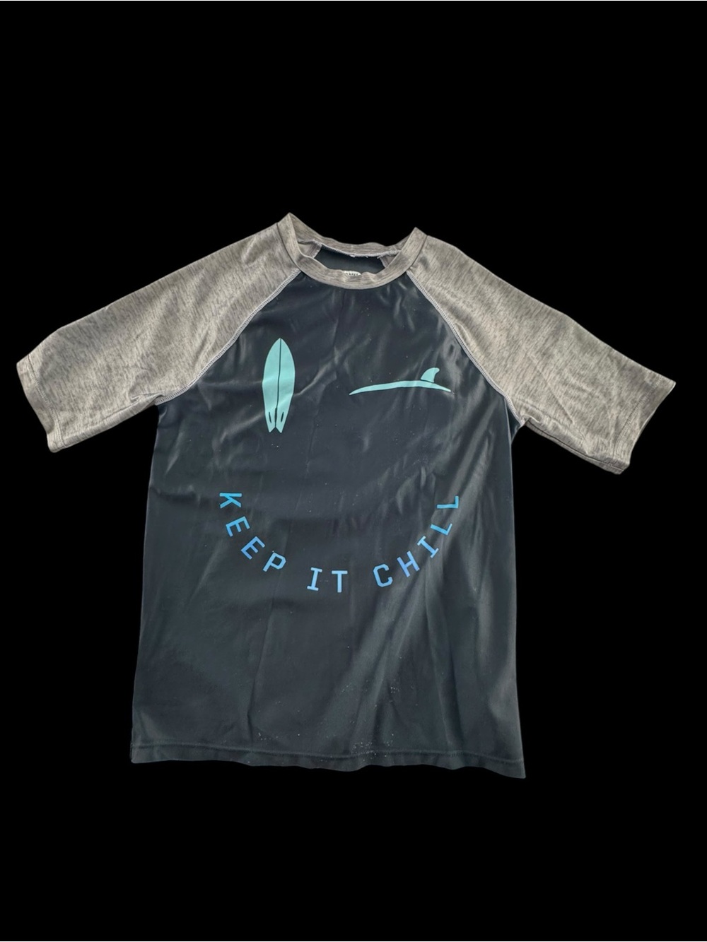 Old Navy Black & Gray 'Keep It Chill' Kids Rash Guard with Teal Surf Graphic